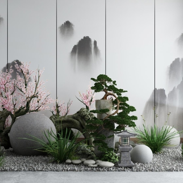 新中式园艺植物堆松树3D模型