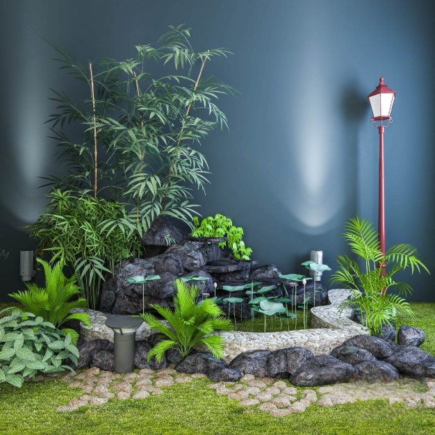 现代植物假山小景3D模型