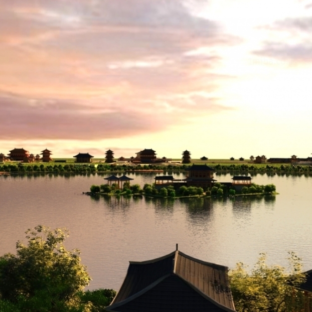 中式园林公园湖景3D模型