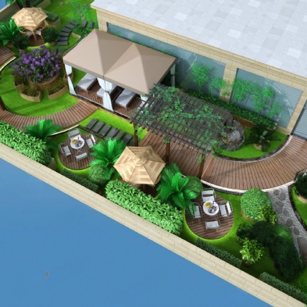 现代阳台花园鸟瞰3D模型