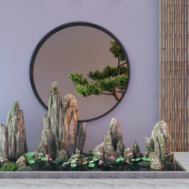 新中式假山水池松树小品3D模型