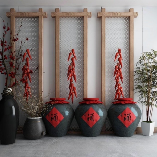 新中式酒缸 屏风 植物摆件3D模型