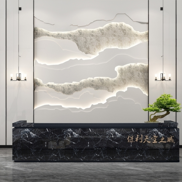 新中式前台接待3D模型