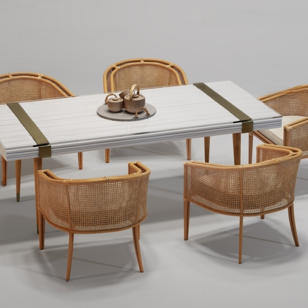 现代藤编餐桌椅组合3D模型