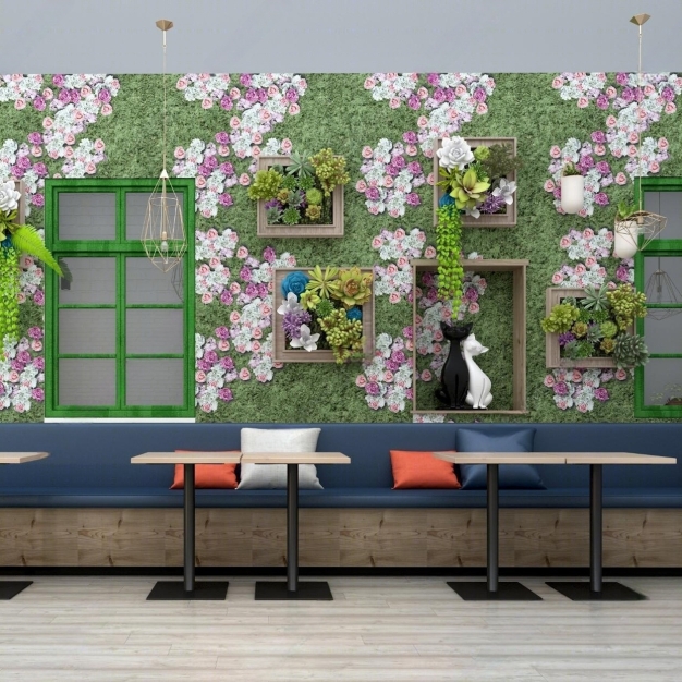 现代餐桌卡座 植物墙3D模型
