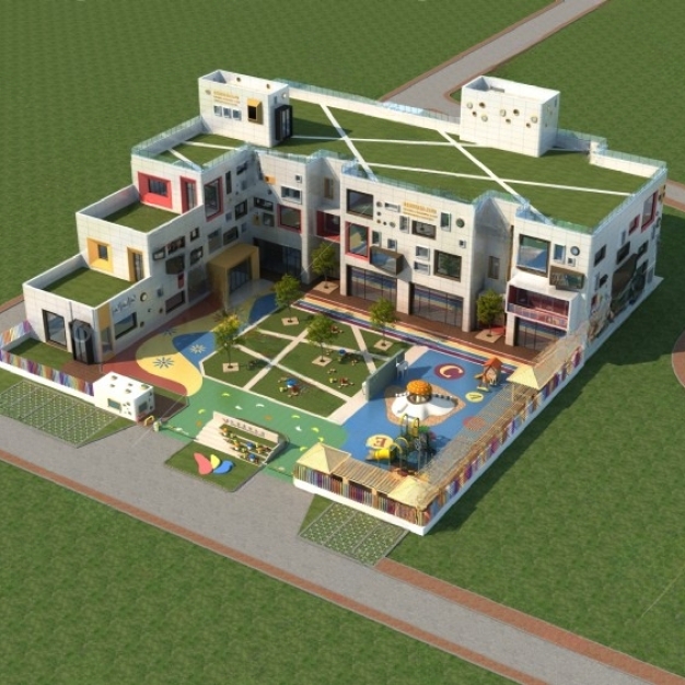 现代幼儿园建筑鸟瞰3D模型
