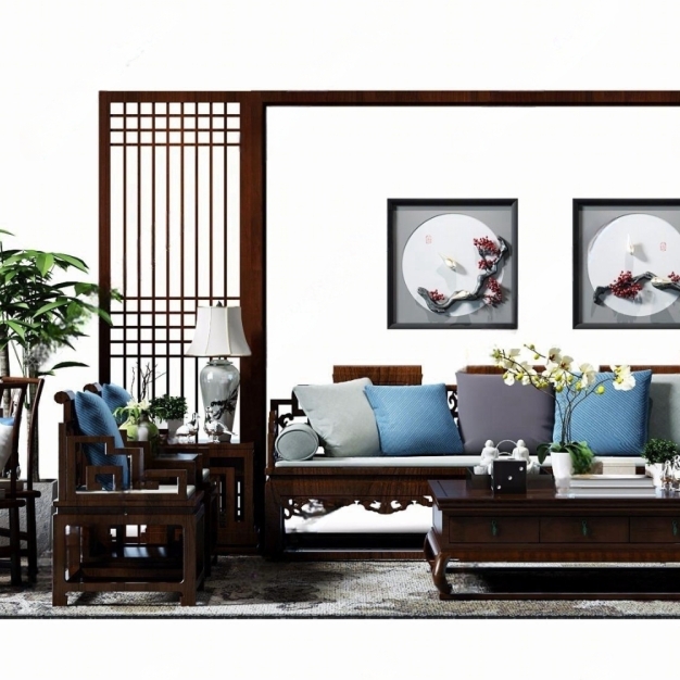新中式沙发茶几餐桌组合3D模型