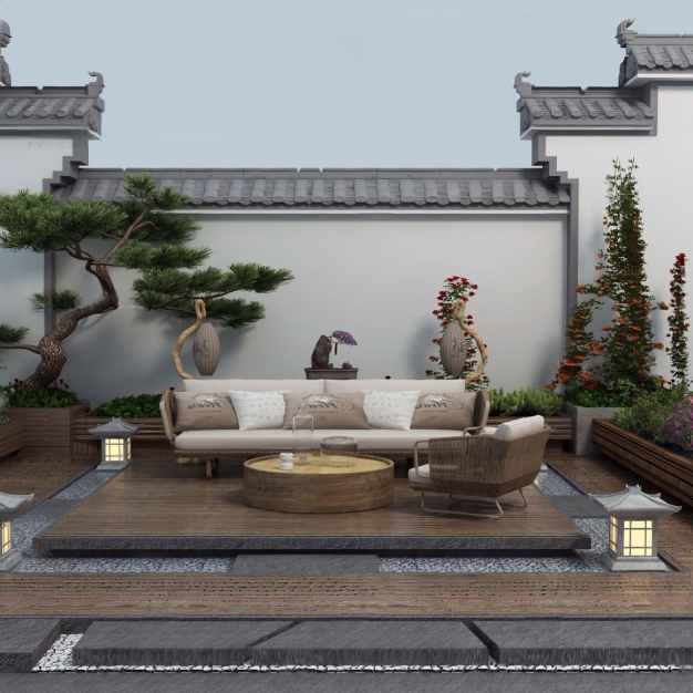 新中式庭院花园3D模型