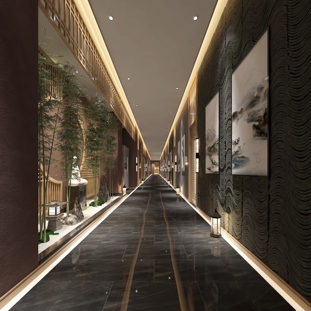 新中式酒店会所过道3D模型