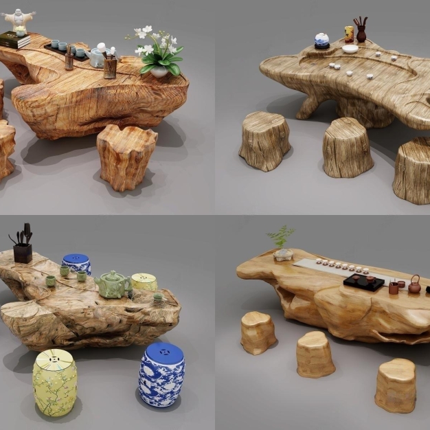 新中式根雕茶桌椅3D模型