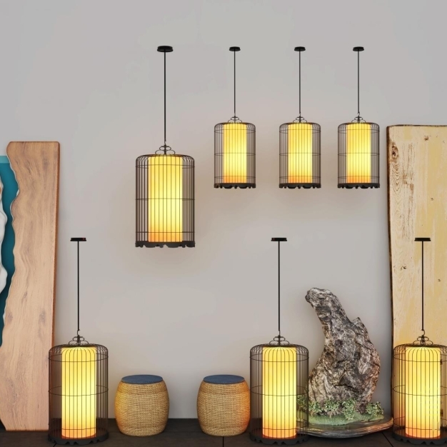 新中式鸟笼灯 木板3D模型