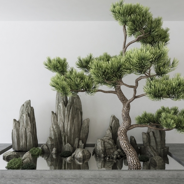 新中式假山水池园艺小品3D模型