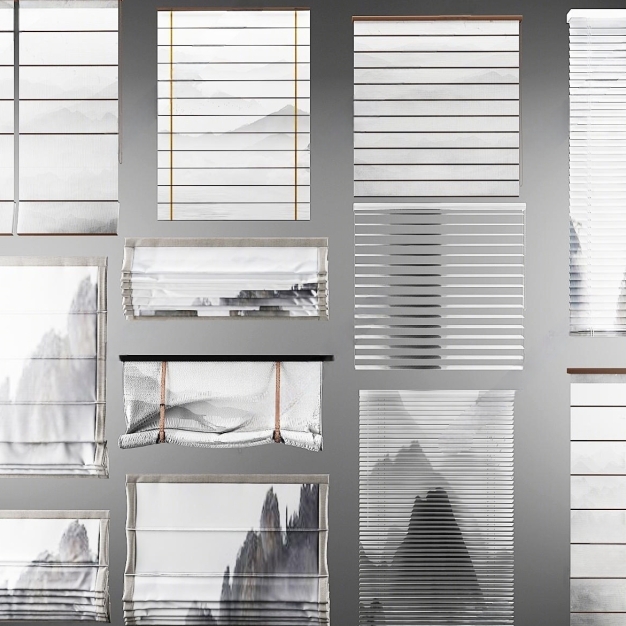 新中式禅意水墨画窗帘组合3D模型