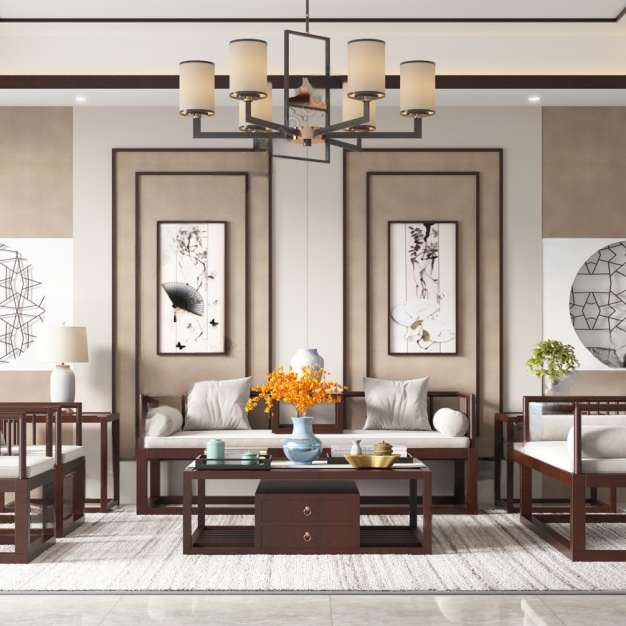 新中式沙发茶几组合3D模型