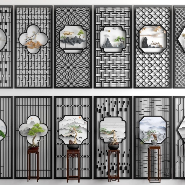 新中式绿植盆栽屏风隔断3D模型