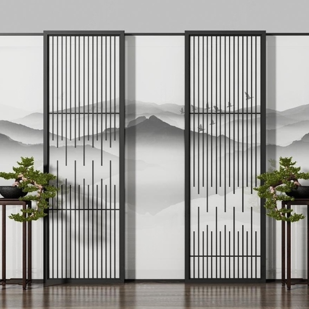 新中式绿植盆栽屏风隔断3D模型