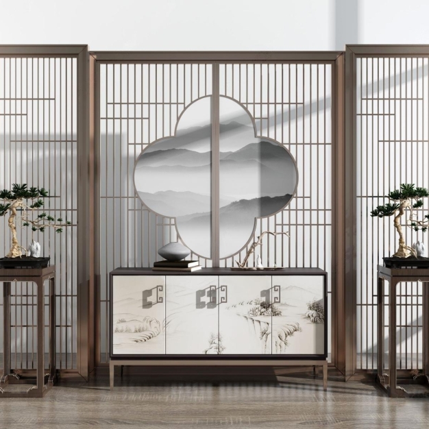 新中式绿植盆栽屏风隔断3D模型
