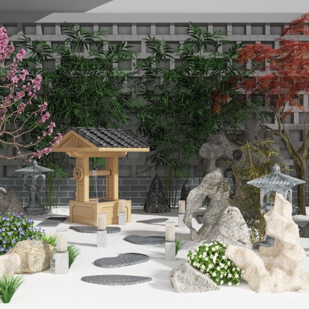新中式竹子 假山 水井园艺小品3D模型