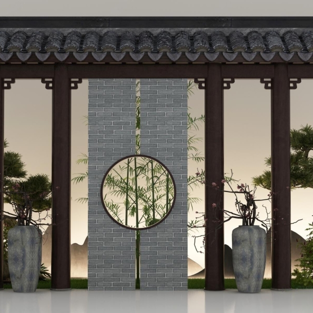 新中式屋檐园艺小品3D模型