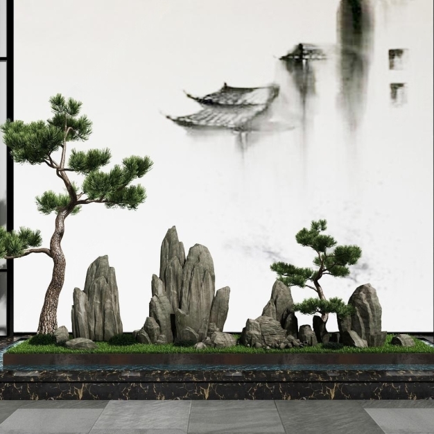新中式假山水景园艺小品3D模型