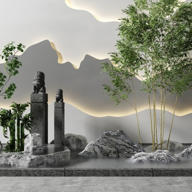 新中式假山 水景 竹子园艺小品3D模型