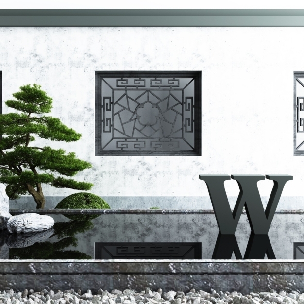 新中式水景 松树 花窗 园艺小品3D模型