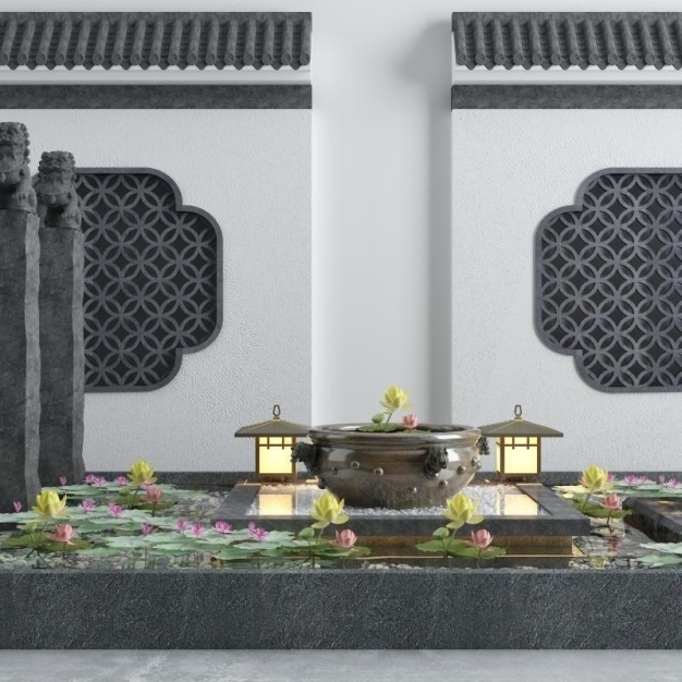 新中式水景 荷花园艺小品3D模型