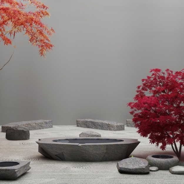 新中式石板 石槽 植物小品3D模型