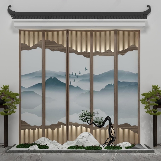 新中式屏风植物园艺小品3D模型