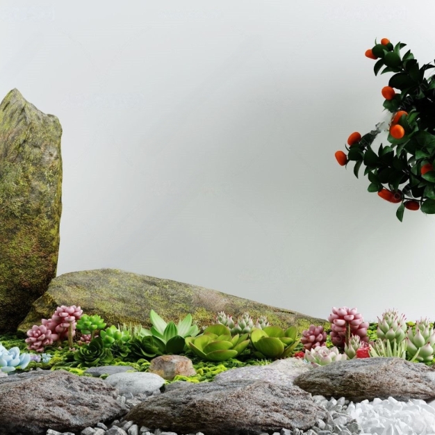 新中式石头植物园艺小品3D模型