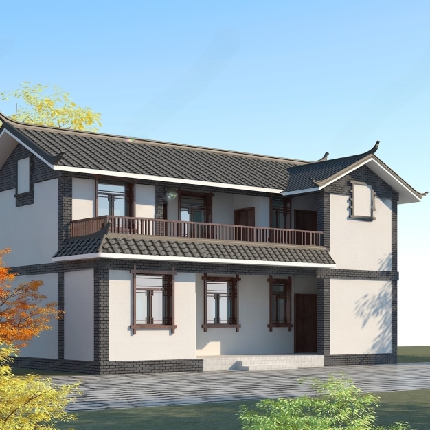 中式乡村别墅建筑外观3D模型