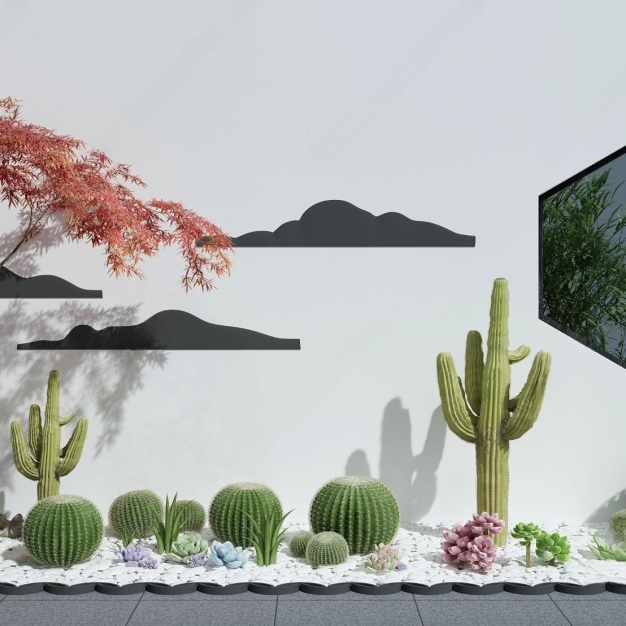 新中式枫树仙人球石子园艺小品3D模型