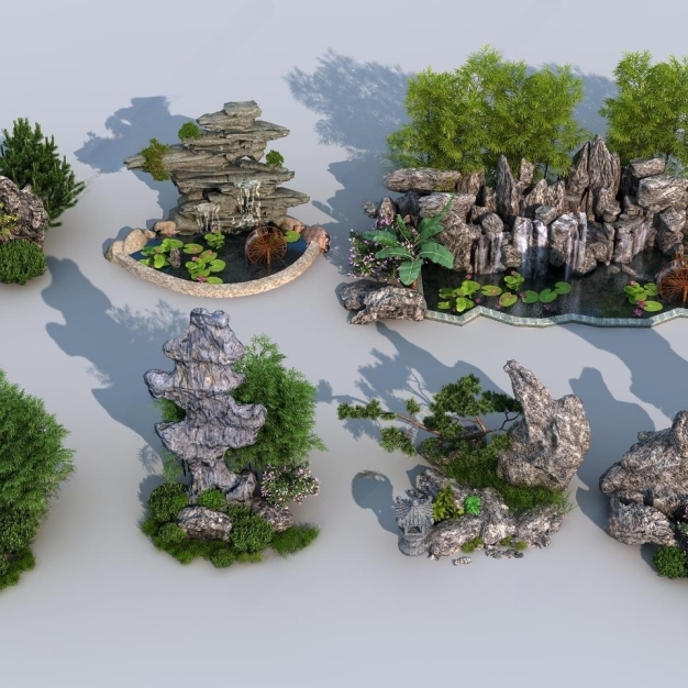 中式假山水景园艺小品3D模型
