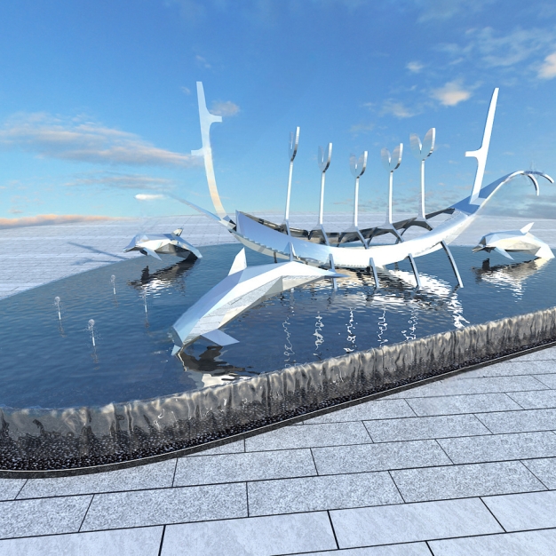 现代广场水池喷泉3D模型