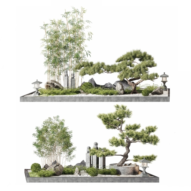新中式松树竹子园艺小品3D模型