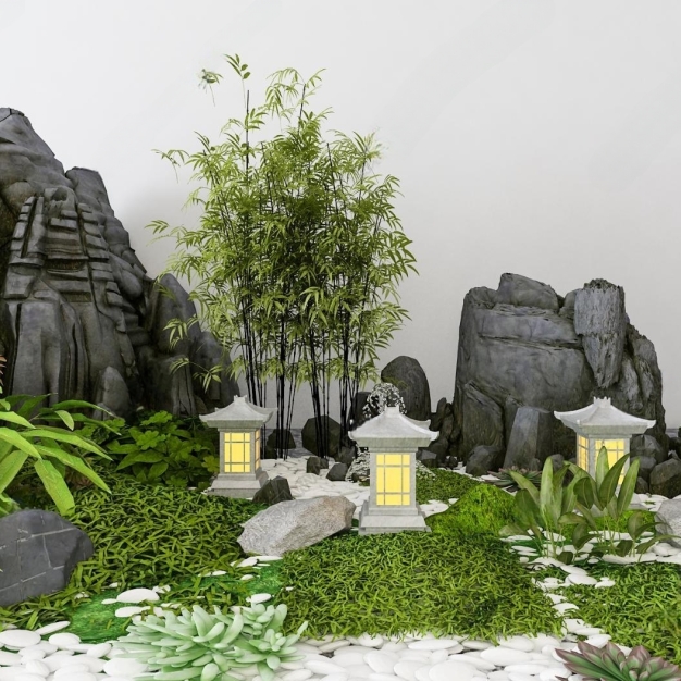 新中式假山竹子园艺小品3D模型