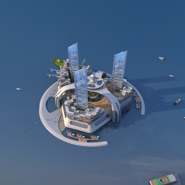 现代海上建筑鸟瞰3D模型