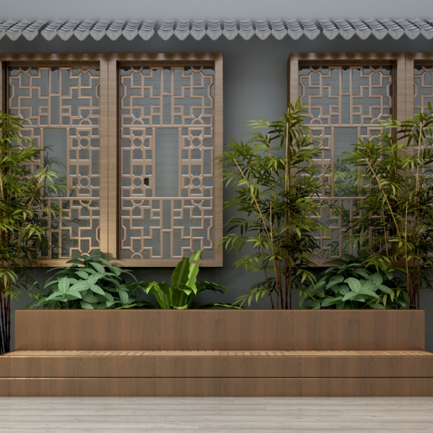 新中式屋檐 雕花 竹子园艺小品3D模型
