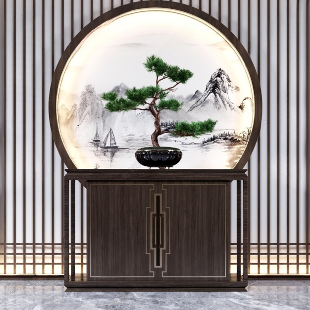 新中式玄关柜松树摆件3D模型