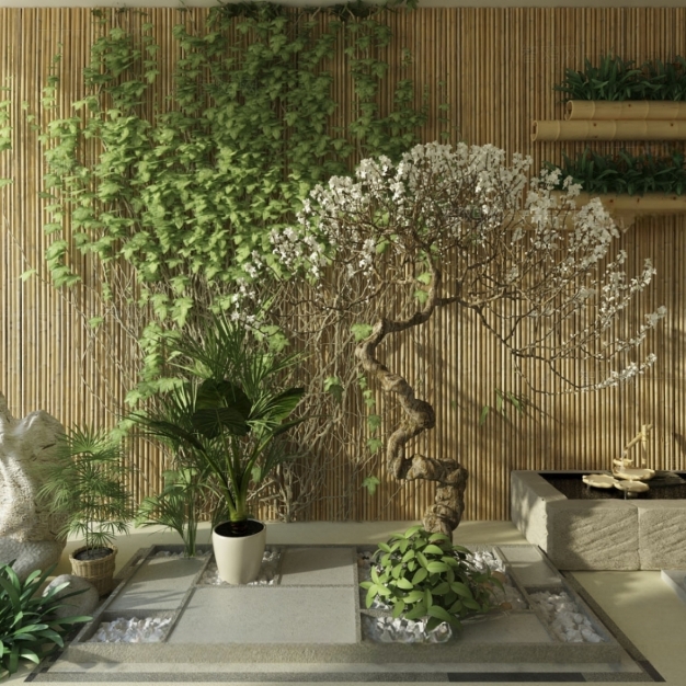 新中式植物假山水池园艺小品3D模型