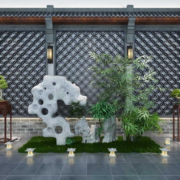 新中式景观墙竹子假山景观小品3D模型