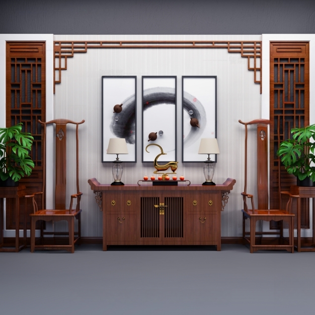 中式玄关柜立体挂画3D模型
