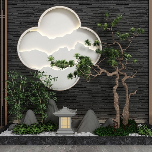 新中式假山植物园艺小品3D模型