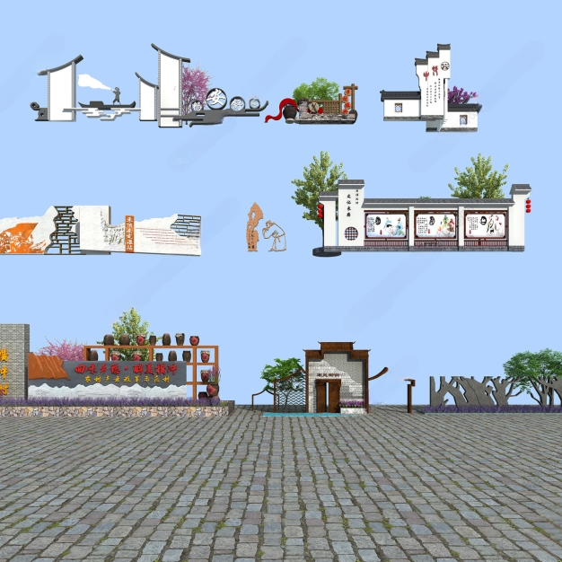 新中式宣传栏景观墙3D模型