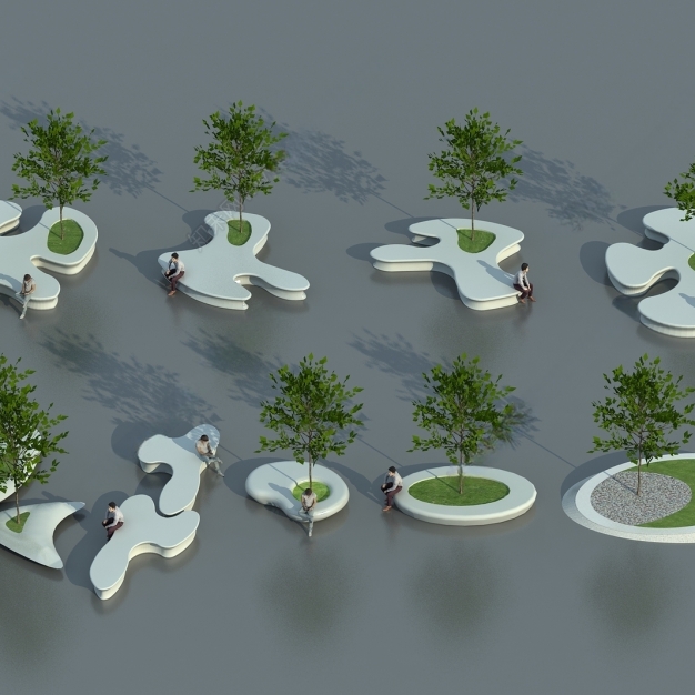 现代户外树木花坛休闲坐凳3D模型
