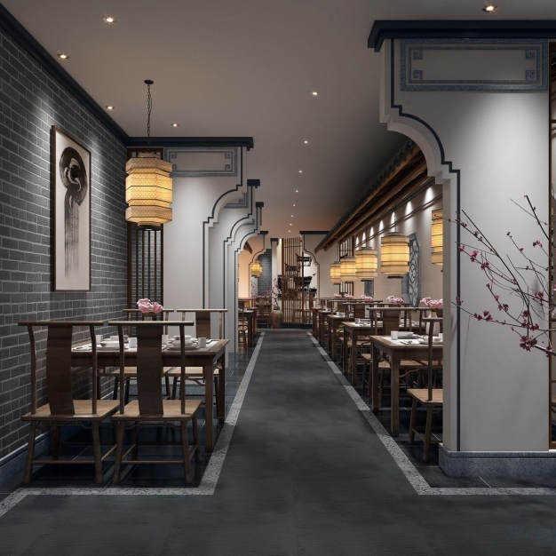 新中式徽派酒店餐厅过道3D模型