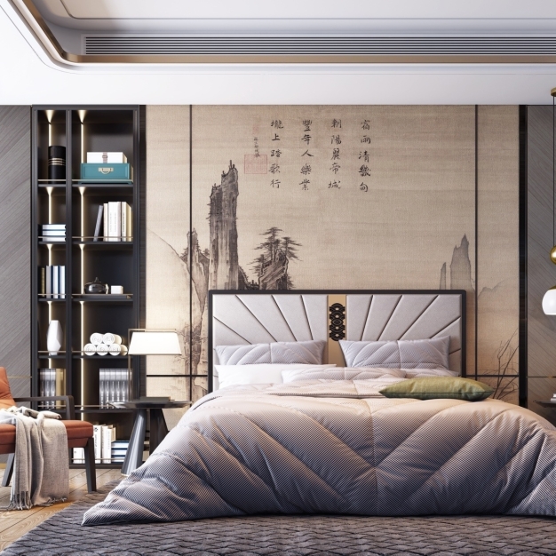 新中式背景双人床3D模型