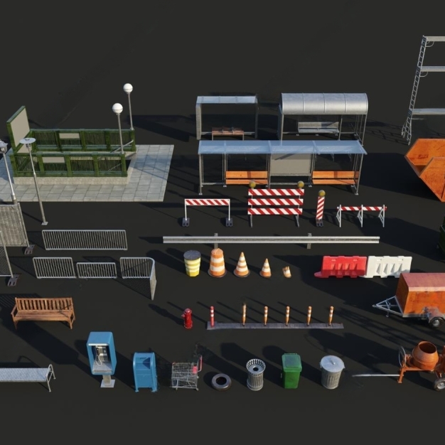 现代路障垃圾桶护栏3D模型