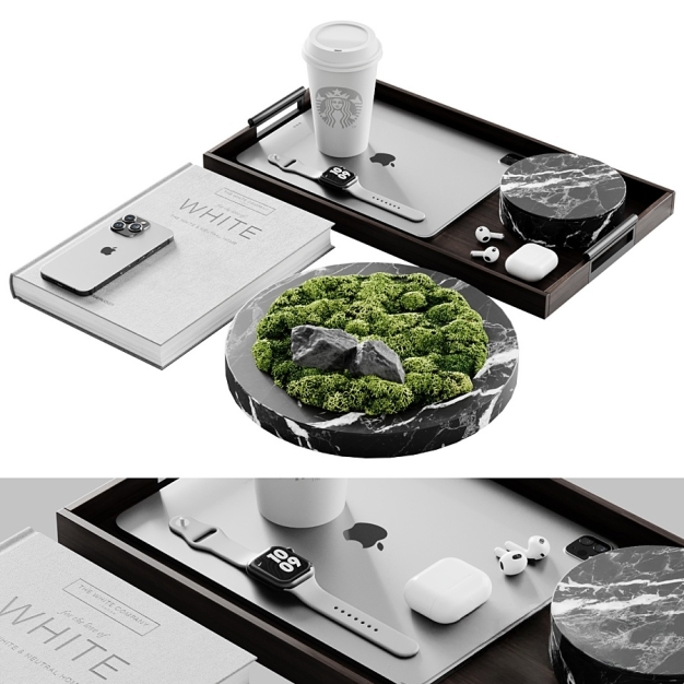 现代手机书籍苔藓绿植摆件3D模型
