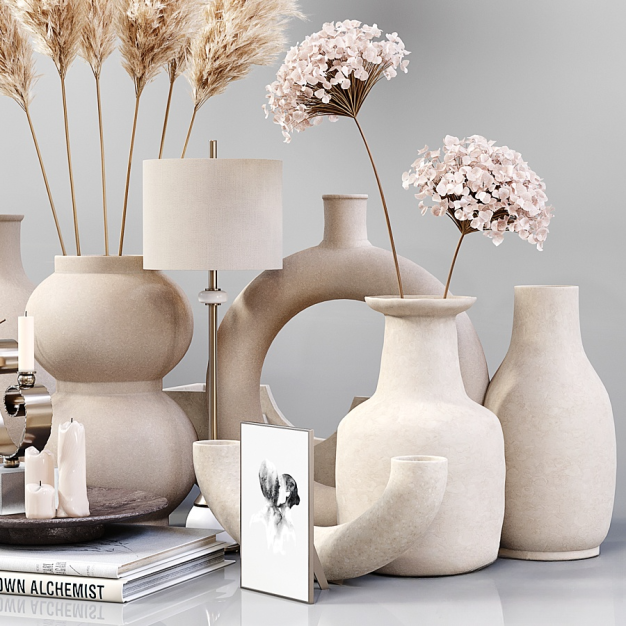 现代芦苇花瓶书籍饰品摆件3D模型